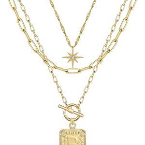 for Women 14K Gold Plated Star Choker Square Letter Pendant Necklace Paperclip C